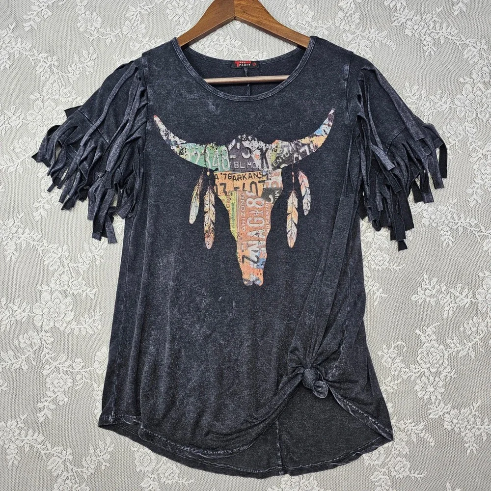 The Party Fringe Sleeve Top Bull License Plate Graphic Sz Small Cowgirl Festival - Picture 5 of 9